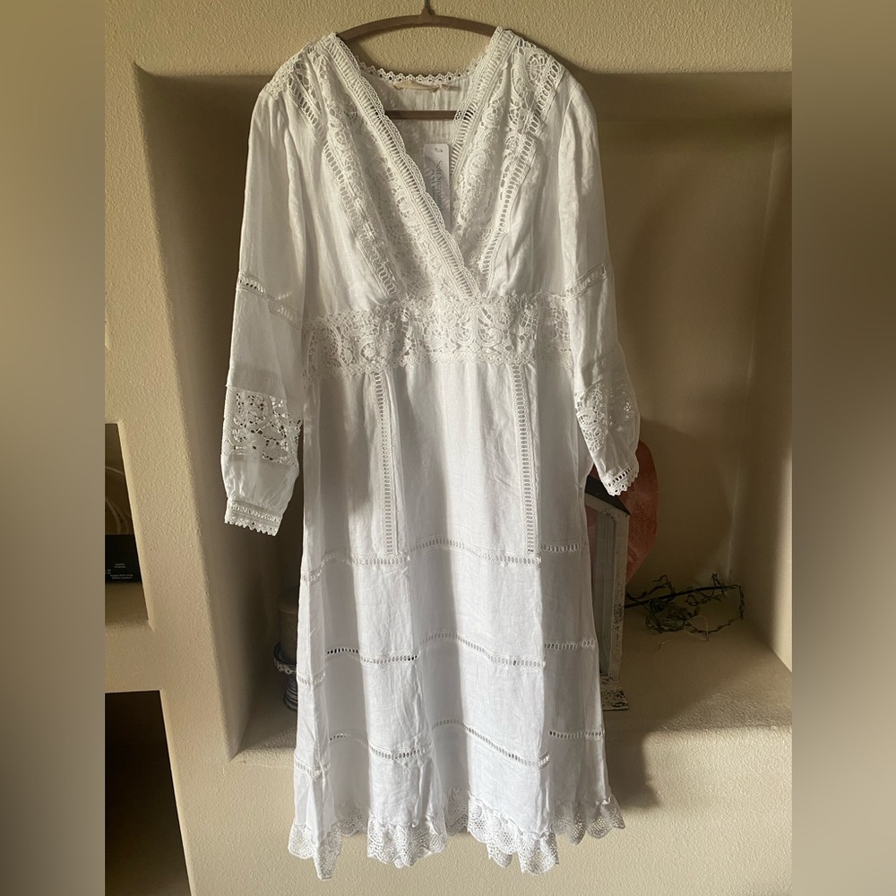 Soft Surroundings White Lace V-Neck 100% Linen dress